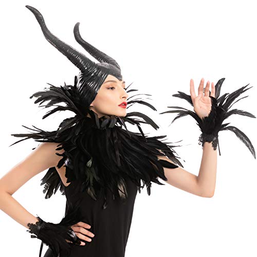 Creations Black Evil Queen Accessories Set with Horn, Feather Shawl and Feather Cuff for Halloween Cosplay Party Gothic Crow Costume Dress Up