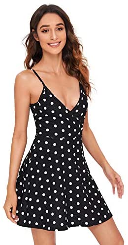 Women's V Neck Adjustable Spaghetti Straps Sleeveless Sexy Backless Dress Polka