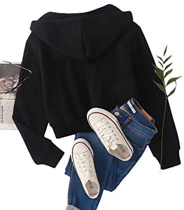 Women's Crop Zip Up Drawstring Pocket Basic Zipper Hooded Sweatshirt