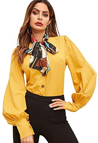 Women's Lantern Long Sleeve Bow Tie Neck Button Up Work Blouses Shirt Top