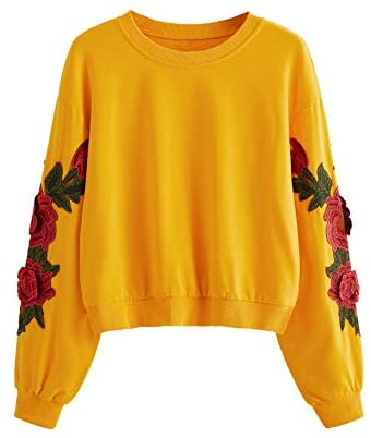 Women's Casual 3D Embroidered Crew Neck Pullover Crop Top Sweatshirt