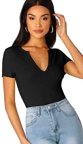Women's Casual Cap Sleeve V Neck Rib Knit Slim Fit Solid Tee Tops T-Shirt