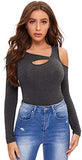 Women's Cutout Long Sleeve Tee Cold Shoulder Rib Knit T-Shirt Junior Tops