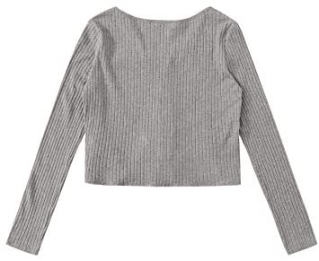 Women's V Neck Long Sleeve Button Front Knot Hem Rib Knit Crop Tops