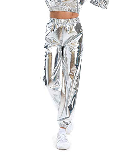 Women Shiny Pants Loose High Waist Metallic Trousers Dance Performance Hip  Hop Pants Streetwear Joggers,Pink,L