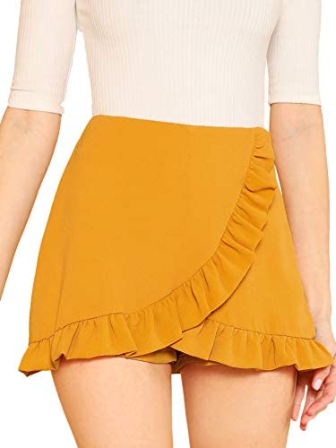 Women's Mid Waist Ruffle Wrap Skorts Asymmetrical Plain Skirt Shorts
