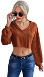 Women's Ribbed Knit Long Sleeve Crop Tops V Neck Loose Tee T Shirts