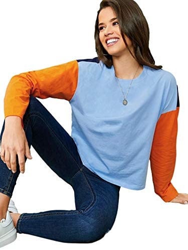 Women's Casual T-Shirt Color Block Drop Shoulder Long Sleeve Blouses Tops