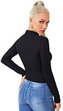 Women's Mock Neck Long Sleeve T Shirt Ruched Front Rib Knit Crop Tee Tops