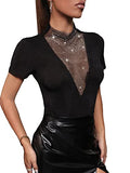 Women's Mock Neck Short Sleeve Tee Fishnet Rhinestone T Shirt Tops Black S