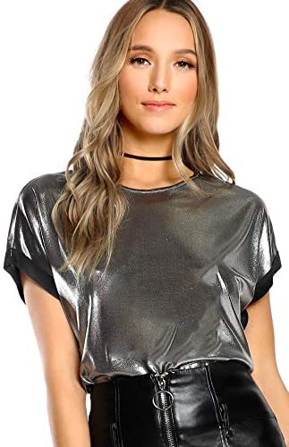 Women's Casual Short Sleeve T Shirts Metallic Top Crewneck Shiny Tees
