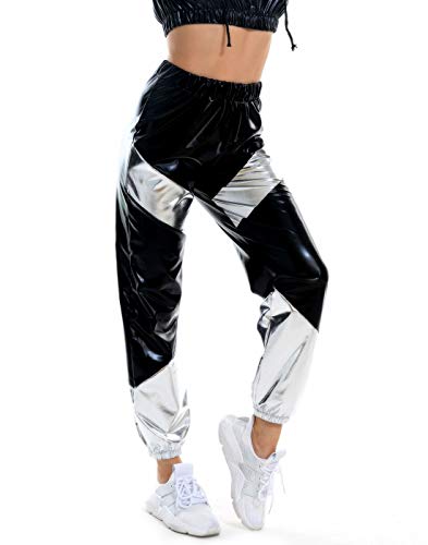 Womens Shiny Hight Waisted Metallic Jogger Pants, Color Block Sweatpants Stretchy Loose Workout Trousers Holographic Hip Hop Pant Club Wear (Gray, S)