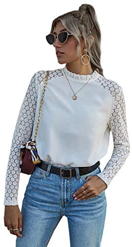 Women's Contrast Lace Long Sleeve Frill Mock Neck Work Blouse Tops