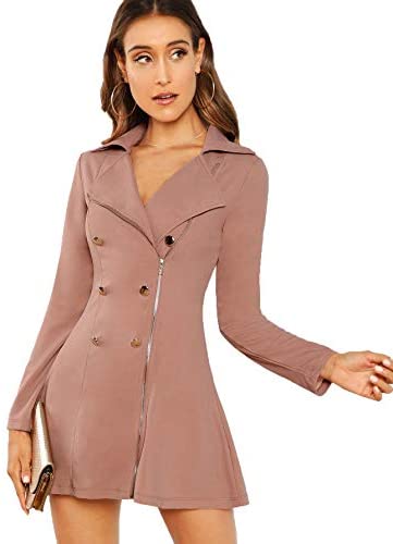 Women's Long Sleeve Zipper Up Button Front Elegant Solid Blazer Mini Dress