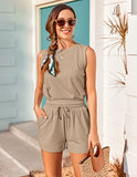 Womens Summer 2 Piece Outfits Short Sets Sleeveless Two Piece Lounge High Waisted Shorts with Pockets,Light Tan