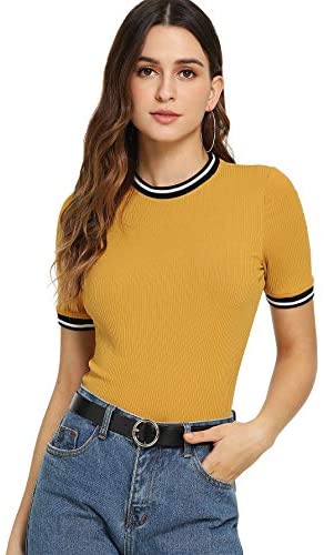 Women's Basic Plain Round Neck Short Sleeve Stretchy T-Shirts