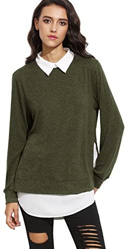 HTHLVMD Women's Classic Collar Long Sleeve Curved Hem Layered-Look Pullover  Sweater