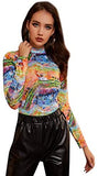 Women's Mock Neck Long Sleeve Fitted Graphic Print T-Shirt Tee Tops Print