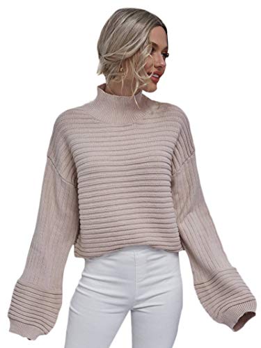 MakeMeChic Women's Solid High Neck Drop Shoulder Textured Pullover Sweater Apricot L