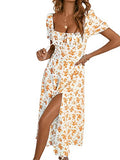 Women's Square Neck Dress Allover Floral Knot Split Thigh A-line Dress Yellow White S