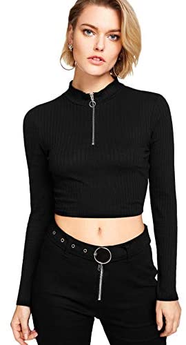 Women's Basic Long Sleeve Solid Rib Knit Crop Tops Zipper Slim Fit T Shirt
