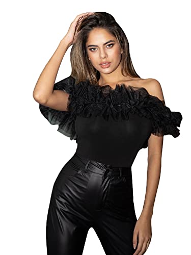 Women's Summer Short Sleeve Off Shoulder Mesh Ruffle Blouse Top