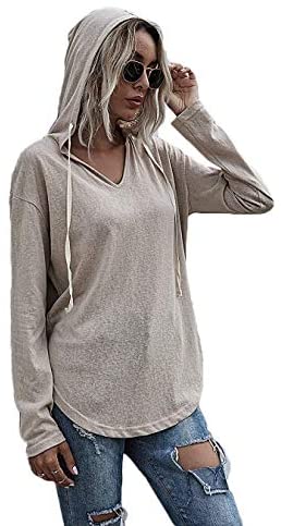 Women's Casual Cotton Curved Hem Drawstring Hooded Sweatshirt Tops