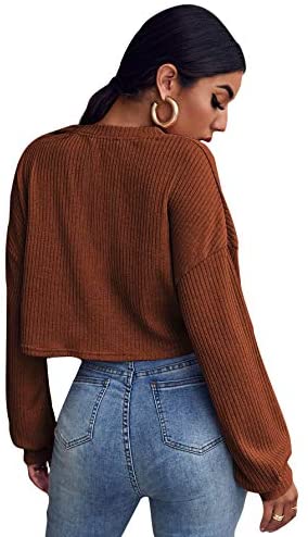 Women's Long Sleeve Ribbed Knit Shirts V Neck Cropped Tops Tee