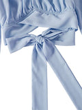 Women's Cute Off Shoulder Long Sleeve Self Tie Knot Crop Tube Top Blouse Blue