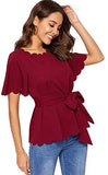 Women's Bow Self Tie Scalloped Cut Out Short Sleeve Elegant Office Work Tunic Blouse Top