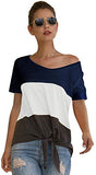 Women's Colorblock Shirt Short Sleeve V Neck Tie Knot Front Tee Loose Blouse Top