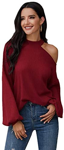 Women's Waffle Knit Tunic Tops Cold Shoulder Long Sleeve Loose Blouse Shirts