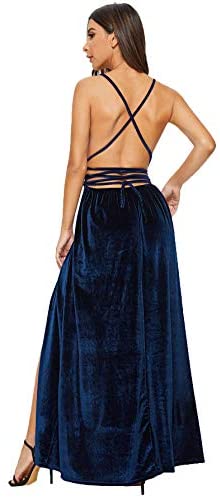 Women's Sexy Velvet Deep V Neck Backless Maxi Party Evening Dress