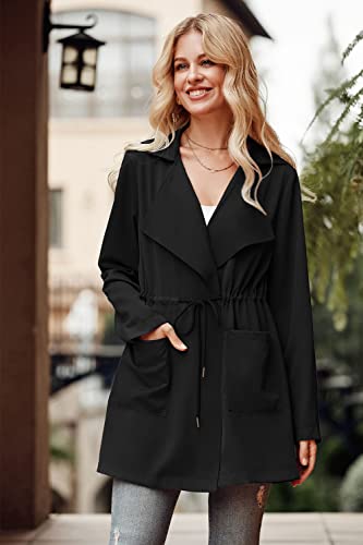 Women's Casual Lightweight Jackets Long Sleeve Drawstring Waist Lapel Trench Coat Outwear with Pockets