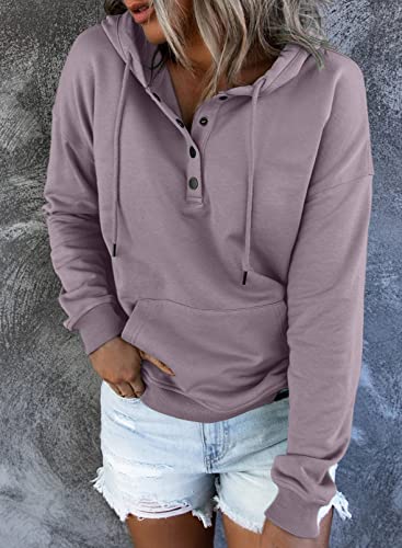 Womens Casual Hoodies Long Sleeve Drawstring Lightweight Solid Hooded Sweatshirt Button Loose Pullover Tops Fall Clothes with Pocket
