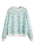 Women's Casual Floral Print Long Sleeve Pullover Tops Baby Blue
