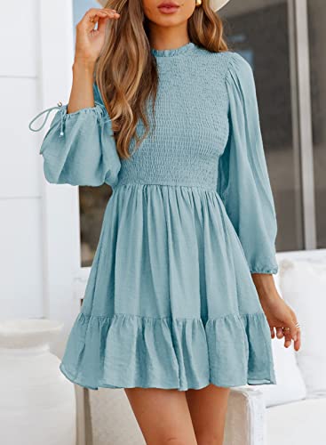 Womens Smocked Ruffle Hem A-Line Mini Dress Drawstring Puff Sleeve Solid Color Casual Flowy Fall Long Sleeve Dresses for Women 2022