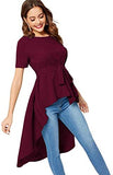 Women's Irregular Hem Short Sleeve Belted Flare Peplum Ruffle Blouse Shirts Top
