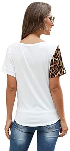 Women's Colorblock Leopard Shirt Blouse Short Sleeve V Neck Button Up Tee Tops with Pocket