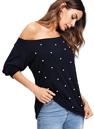 Women's Off The Shoulder Pearl Beading Raw Cut T-Shirt Top
