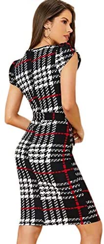 Women's Plaid Cap Short Sleeve Crewneck Tie Waist Bodycon Short Dress
