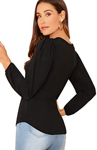 Women's Casual Round Neck Blouse Top Puff Sleeve Solid T Shirt Black