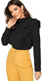 Women's Long Sleeve Button Ruffle Trim Work Shirt Chiffon Blouse Top