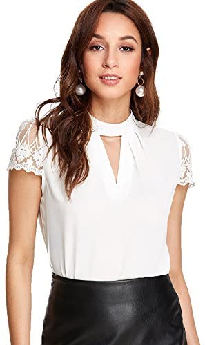 Women's Elegant Lace Short Sleeve Sexy Keyhole Blouse Shirt