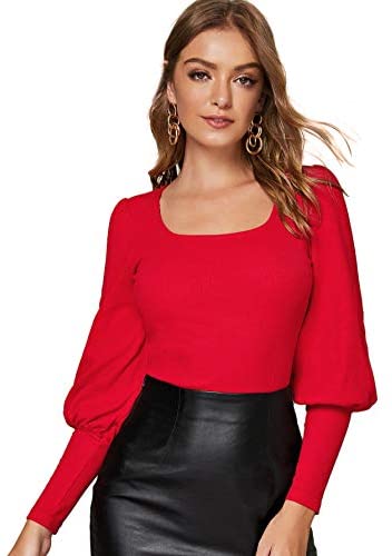 Women's Solid Scoop Neck Blouse Leg-of-Mutton Long Sleeve Tee Tops