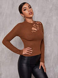 Women's Ribbed Knit Long Sleeve Mock Neck Cutout Stretchy Slim Fit T Shirts Tops Tee