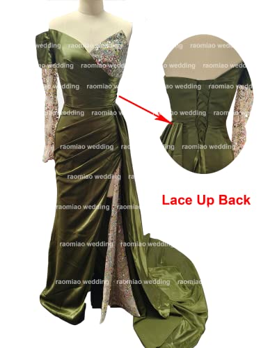 One Sleeve Sequin Strapless Prom Dresses Long Ruched Pleated Slit Evening Gowns with Train Brown Mermaid Formal Dress for Women 2