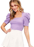 Women's Elegant Puff Short Sleeve Square Neck Solid Slim Fit Blouse Tops Tee