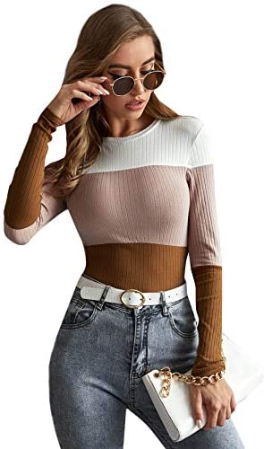 Women's Colorblock Long Sleeve T Shirt Round Neck Rib Knit Tee Tops