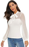 Women's Tie Neck Sheer Contrast Mesh Long Sleeve Sexy Blouse Top